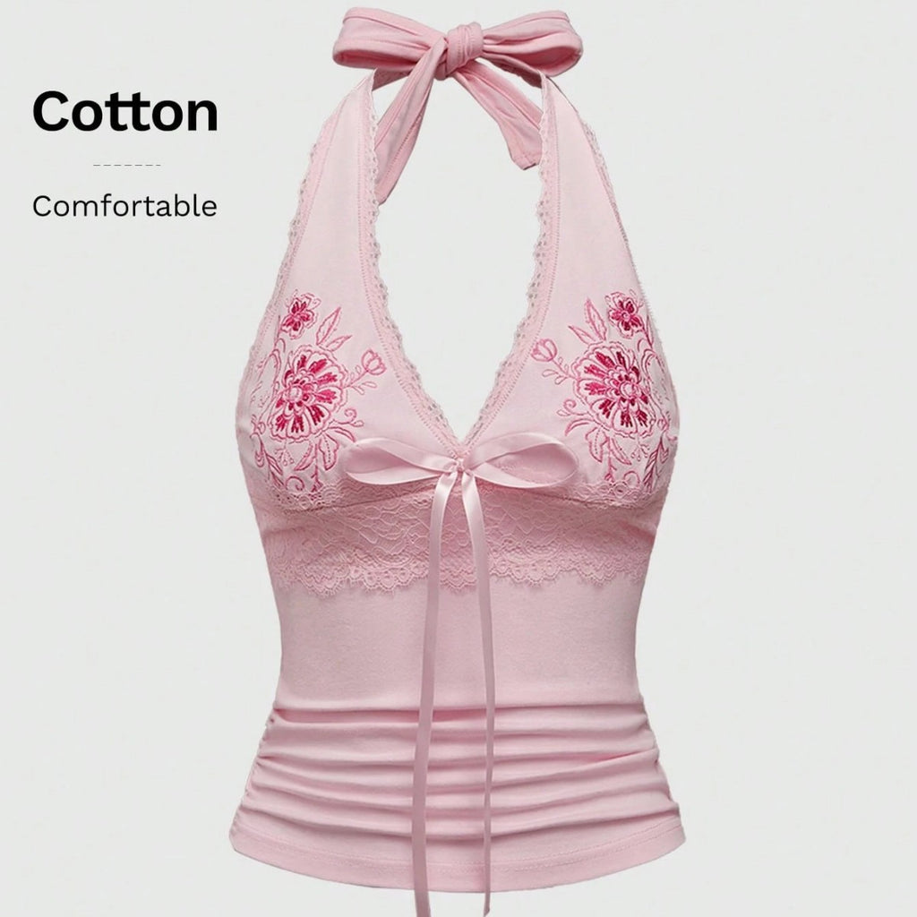 Sexy Floral Embroidered Lace Stitching Tied Vest Halter Slim Fit Slimming Spaghetti Straps