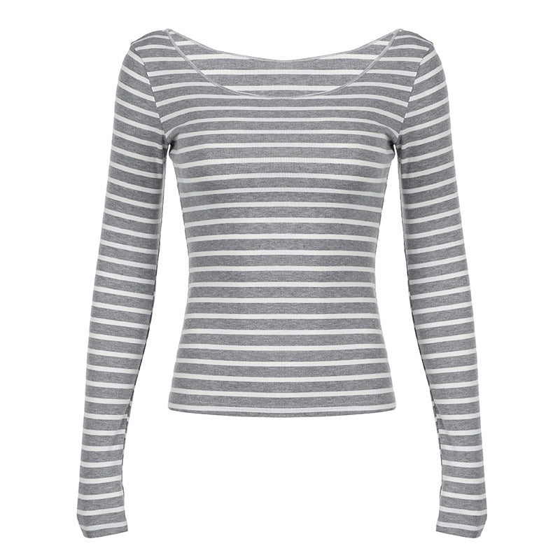 Oblique Shoulder Stripes Lightweight Slim-fit Long Sleeve Casual Top