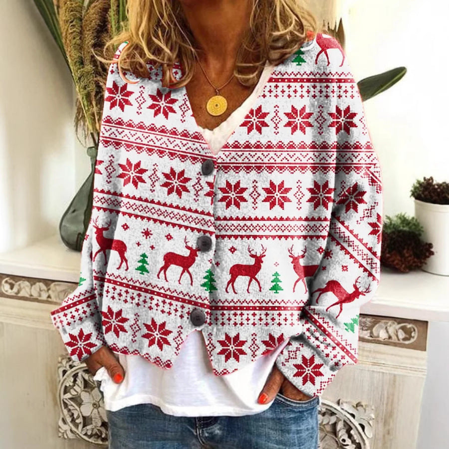 Digital Printing Thick Needle Women's Large V-neck Cardigan Short Long-sleeved Sweater