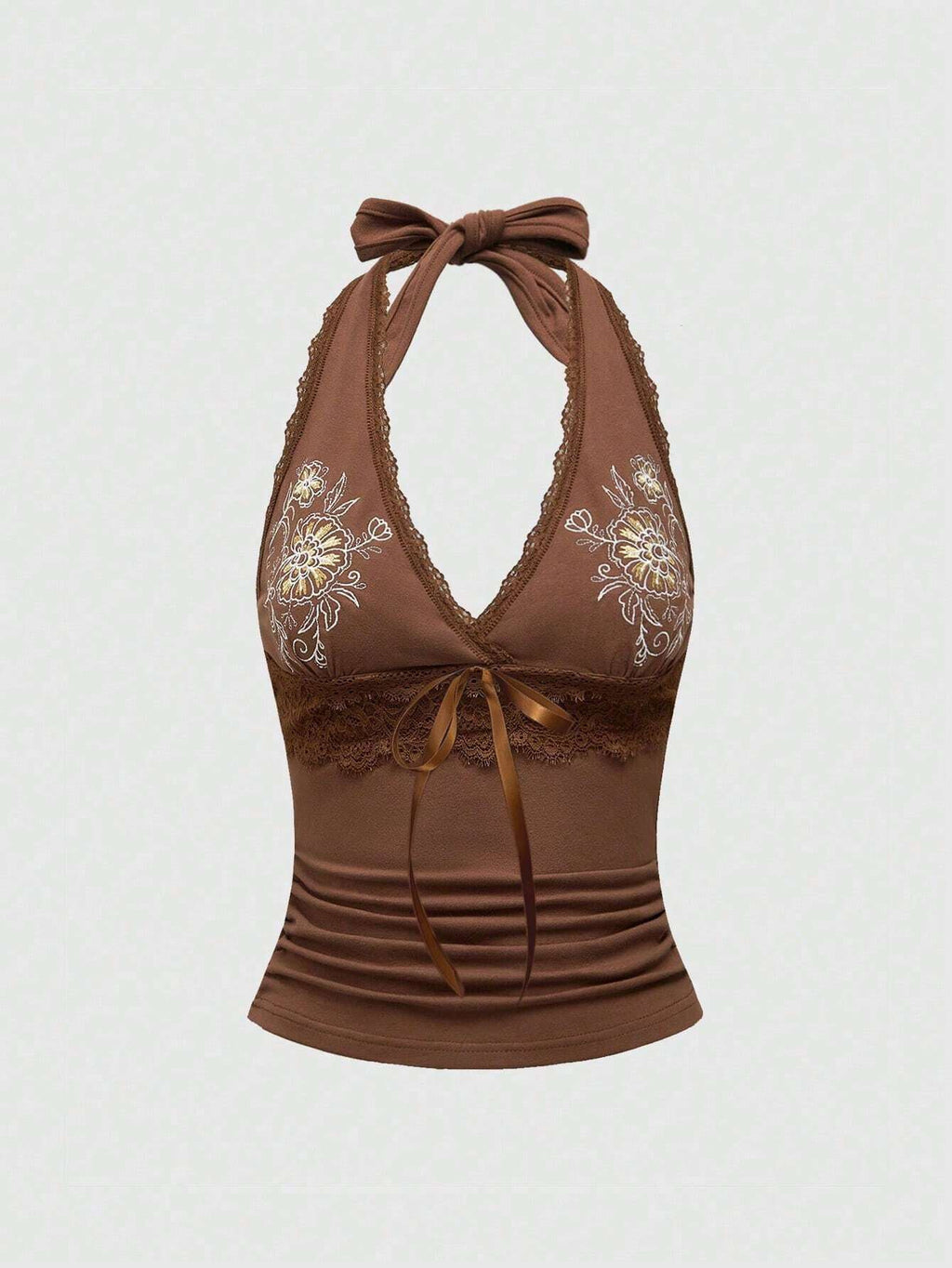 Sexy Floral Embroidered Lace Stitching Tied Vest Halter Slim Fit Slimming Spaghetti Straps