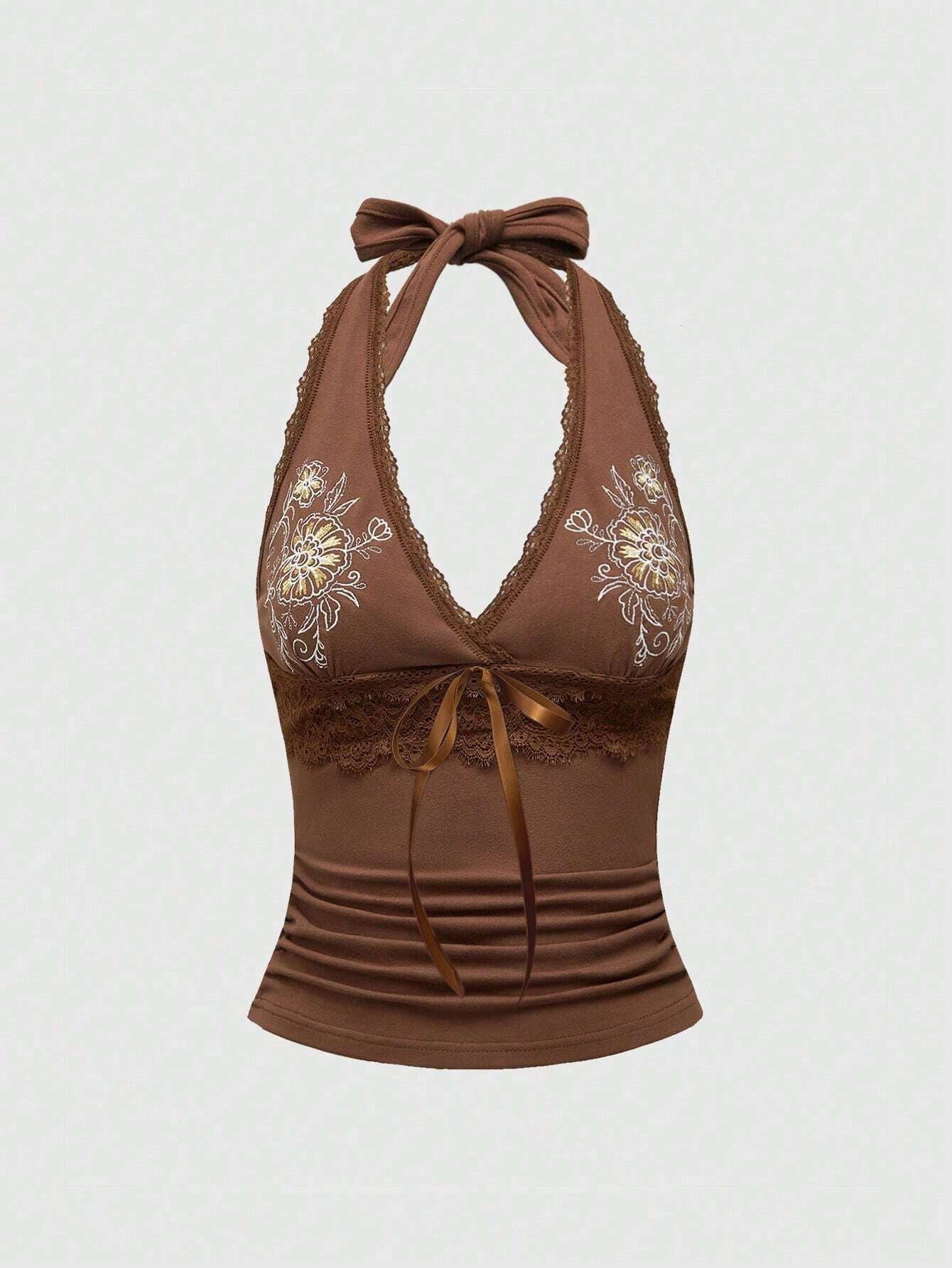 Sexy Floral Embroidered Lace Stitching Tied Vest Halter Slim Fit Slimming Spaghetti Straps