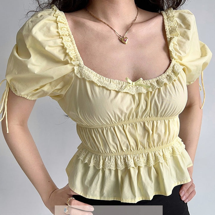 Retro Square Collar Puff Sleeve Lace Shirt