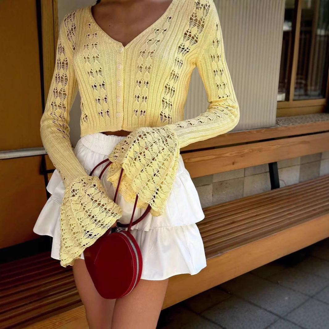 Women's Clothes Sexy Cutout Bell Sleeve Solid Color Short Knitted Top
