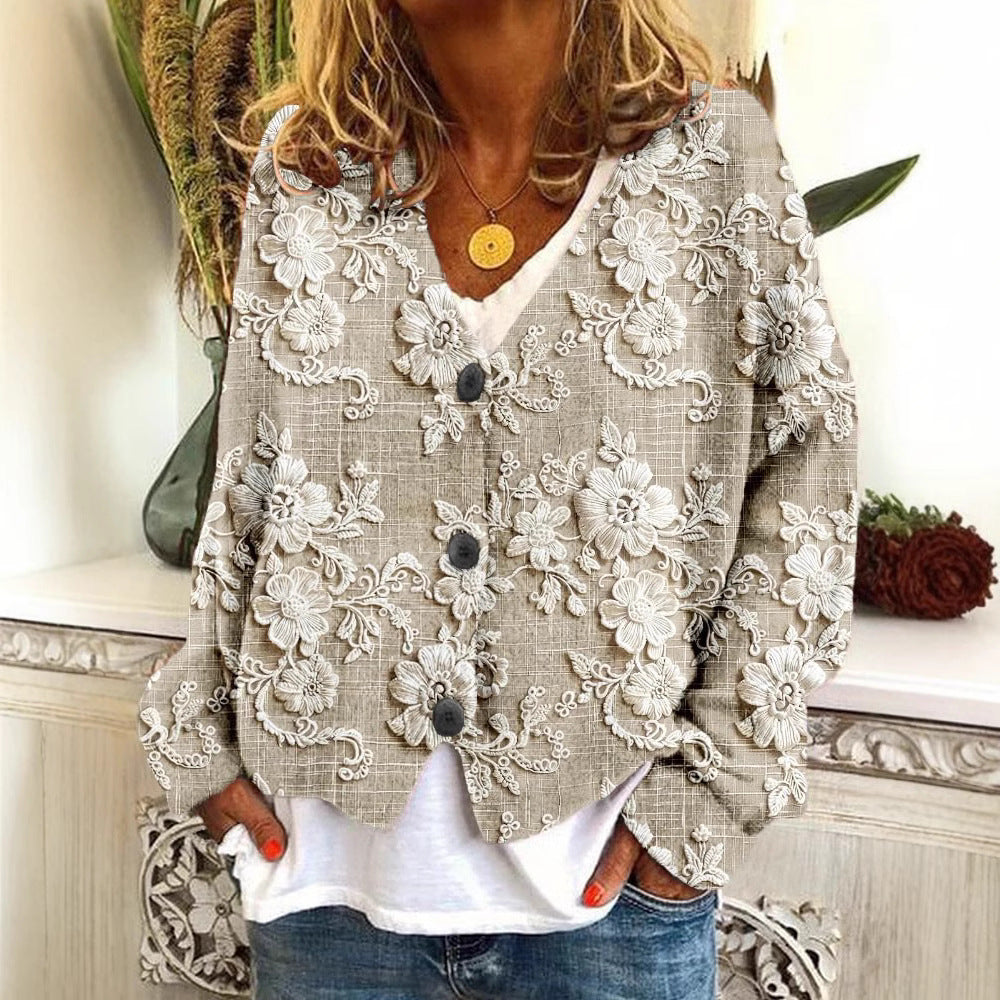 Digital Printing Thick Needle Women's Large V-neck Cardigan Short Long-sleeved Sweater