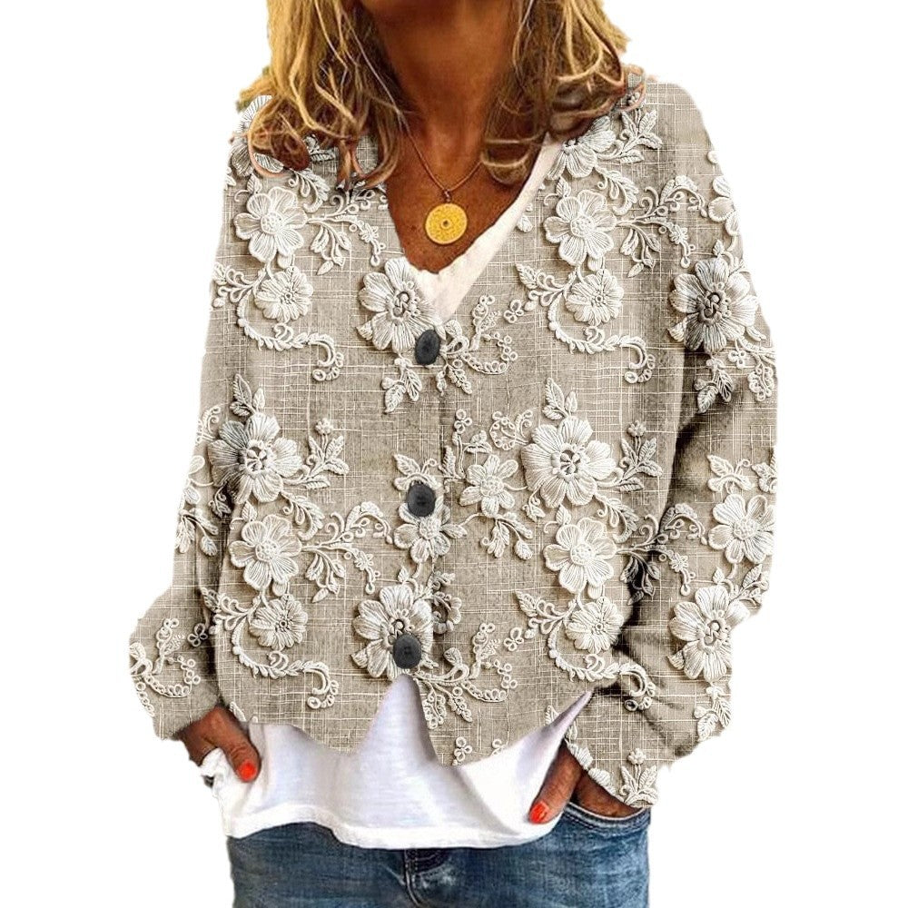 Digital Printing Thick Needle Women's Large V-neck Cardigan Short Long-sleeved Sweater