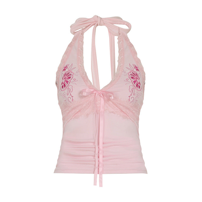 Sexy Floral Embroidered Lace Stitching Tied Vest Halter Slim Fit Slimming Spaghetti Straps