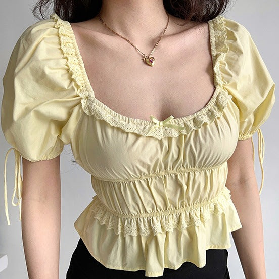 Retro Square Collar Puff Sleeve Lace Shirt