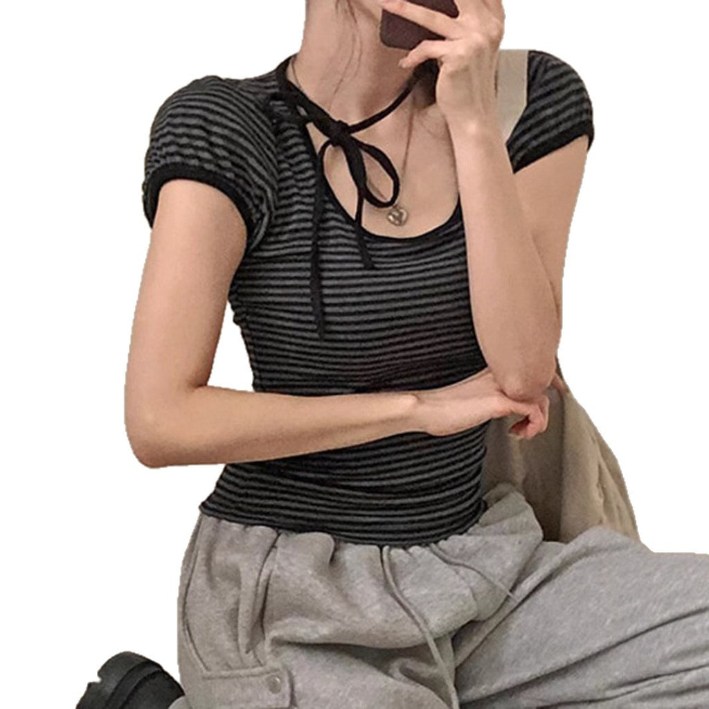 American Striped Round Neck Tied Short Sleeve