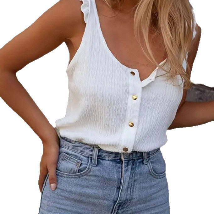 Solid Color Knitted Round Neck Ruffled Sweet Sleeveless Top