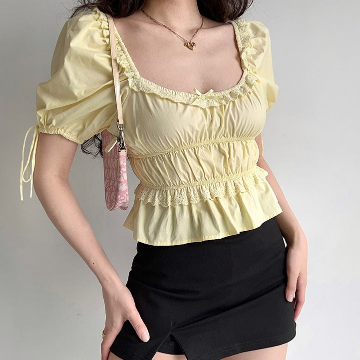 Retro Square Collar Puff Sleeve Lace Shirt
