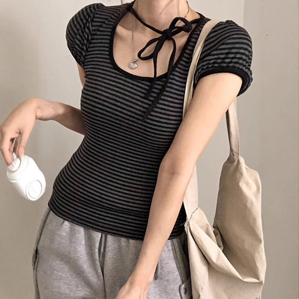 American Striped Round Neck Tied Short Sleeve