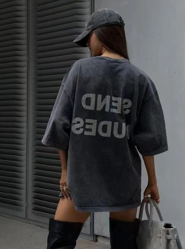 American-style Retro Washed Cotton Letter Rhinestone Short Sleeve Top