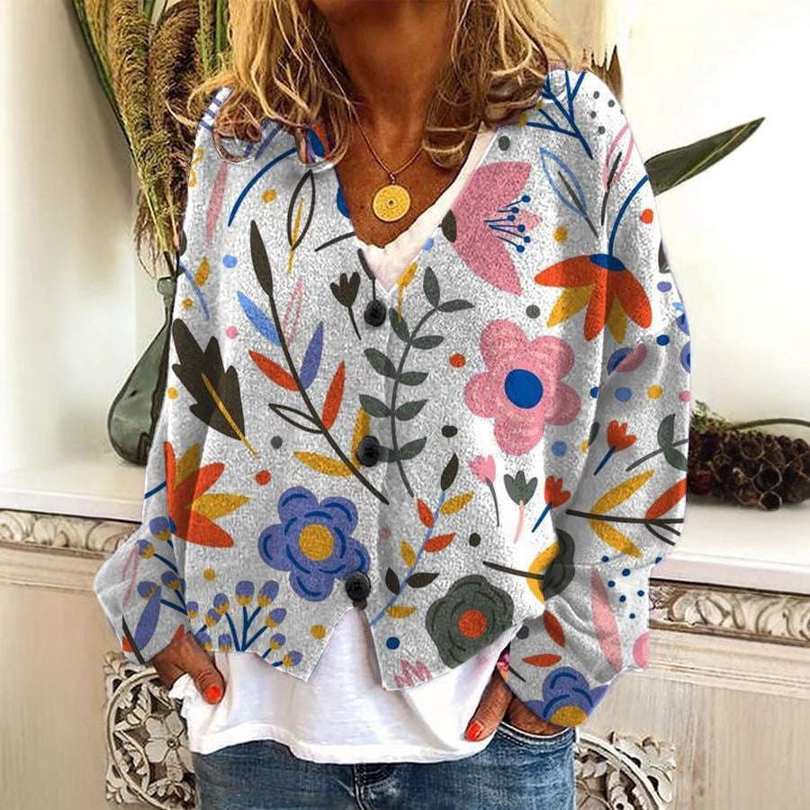 Digital Printing Thick Needle Women's Large V-neck Cardigan Short Long-sleeved Sweater