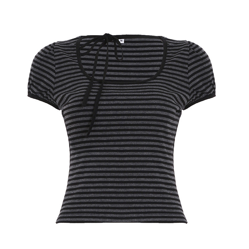 American Striped Round Neck Tied Short Sleeve
