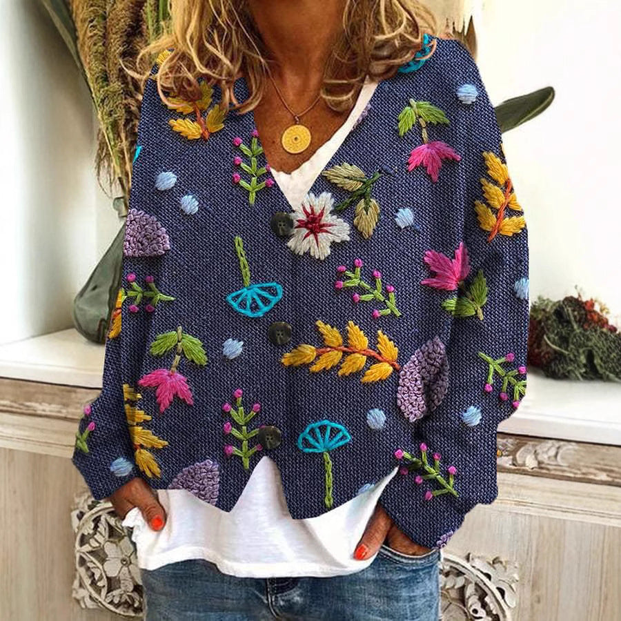 Digital Printing Thick Needle Women's Large V-neck Cardigan Short Long-sleeved Sweater