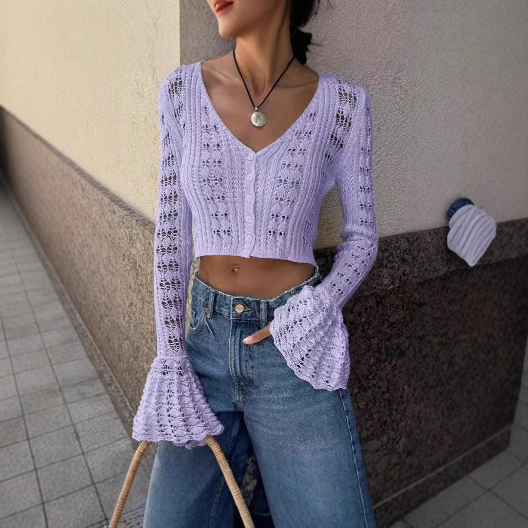 Women's Clothes Sexy Cutout Bell Sleeve Solid Color Short Knitted Top