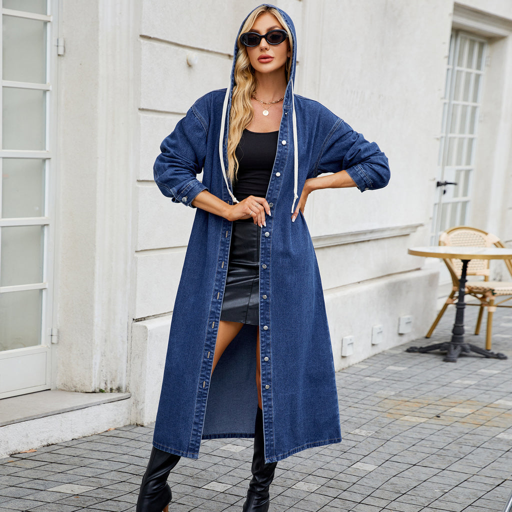 Women's Washed Hooded Long Denim Coat
