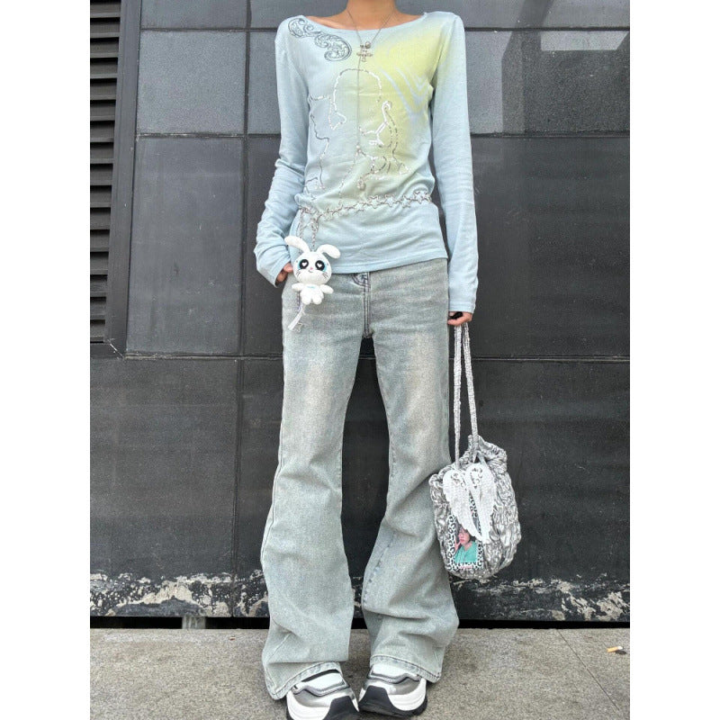 Heart KEWPIE Rhinestone Long Sleeve Slim Fit Slimming Top