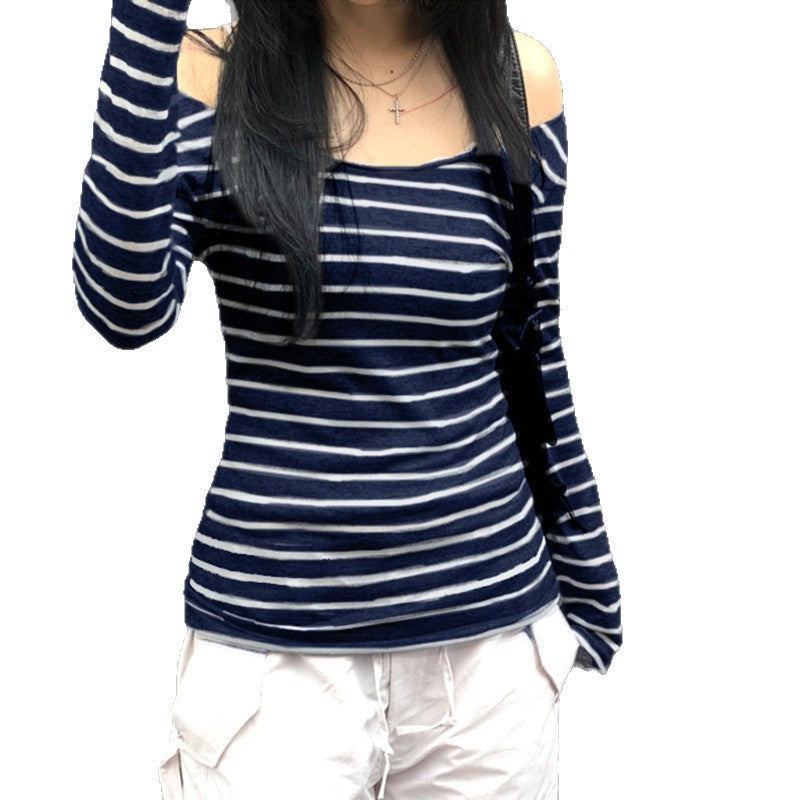 Oblique Shoulder Stripes Lightweight Slim-fit Long Sleeve Casual Top