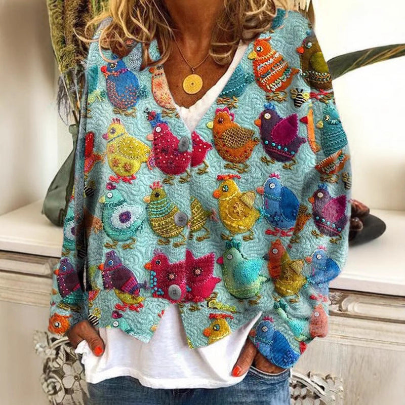 Digital Printing Thick Needle Women's Large V-neck Cardigan Short Long-sleeved Sweater