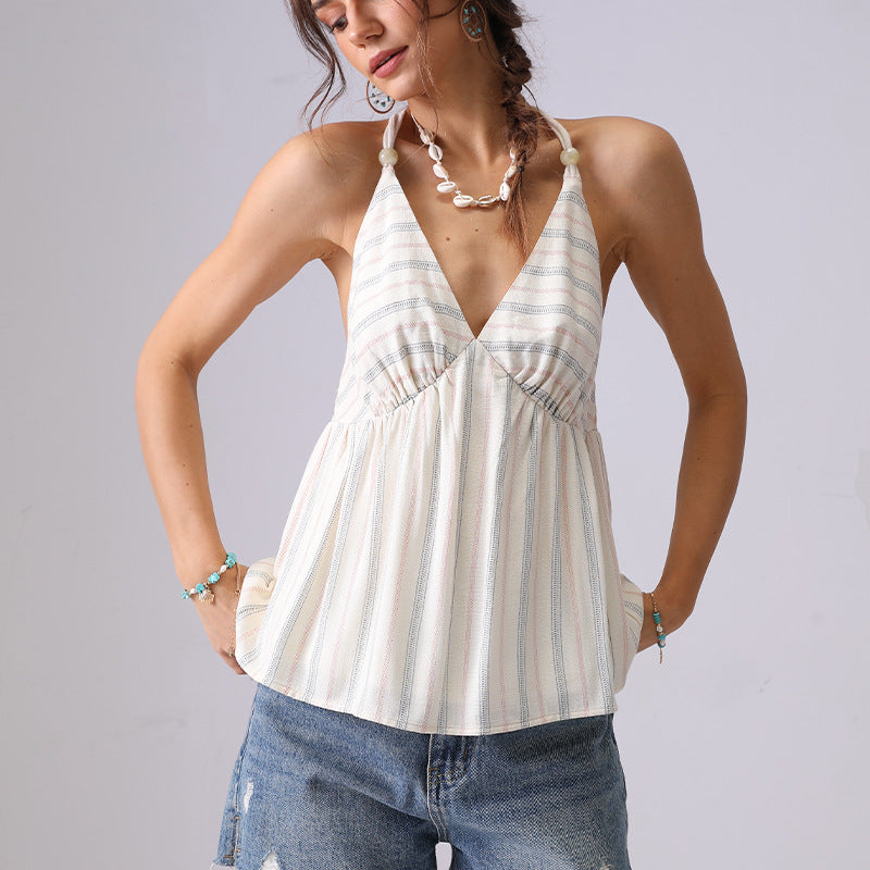 Summer French Style Halter Spaghetti Straps Top Cotton Striped