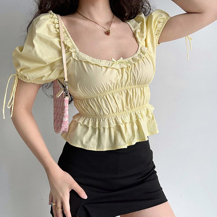Retro Square Collar Puff Sleeve Lace Shirt