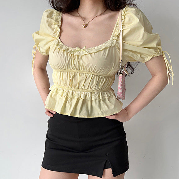 Retro Square Collar Puff Sleeve Lace Shirt