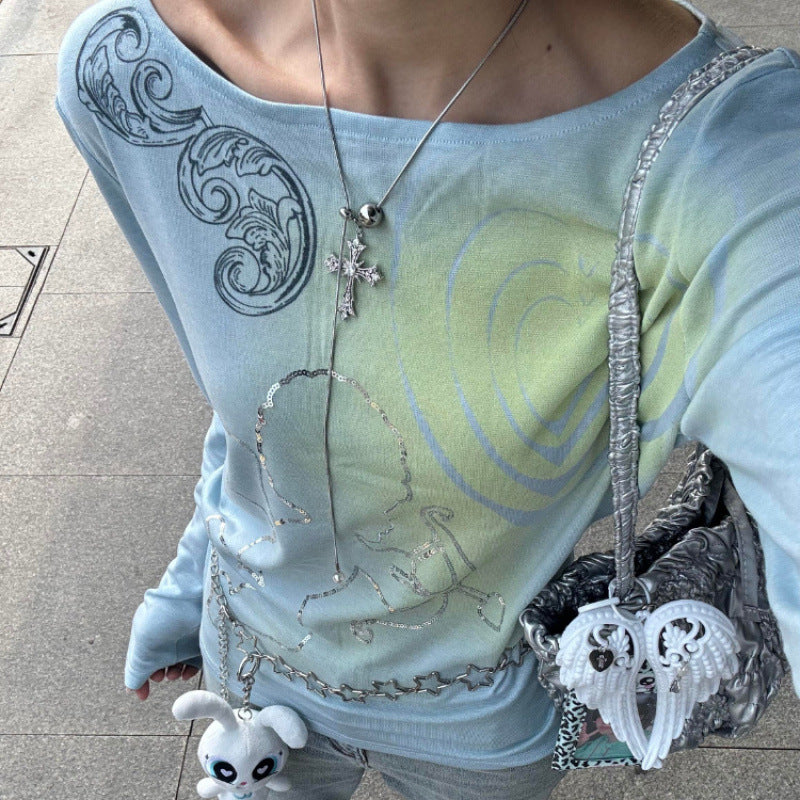 Heart KEWPIE Rhinestone Long Sleeve Slim Fit Slimming Top
