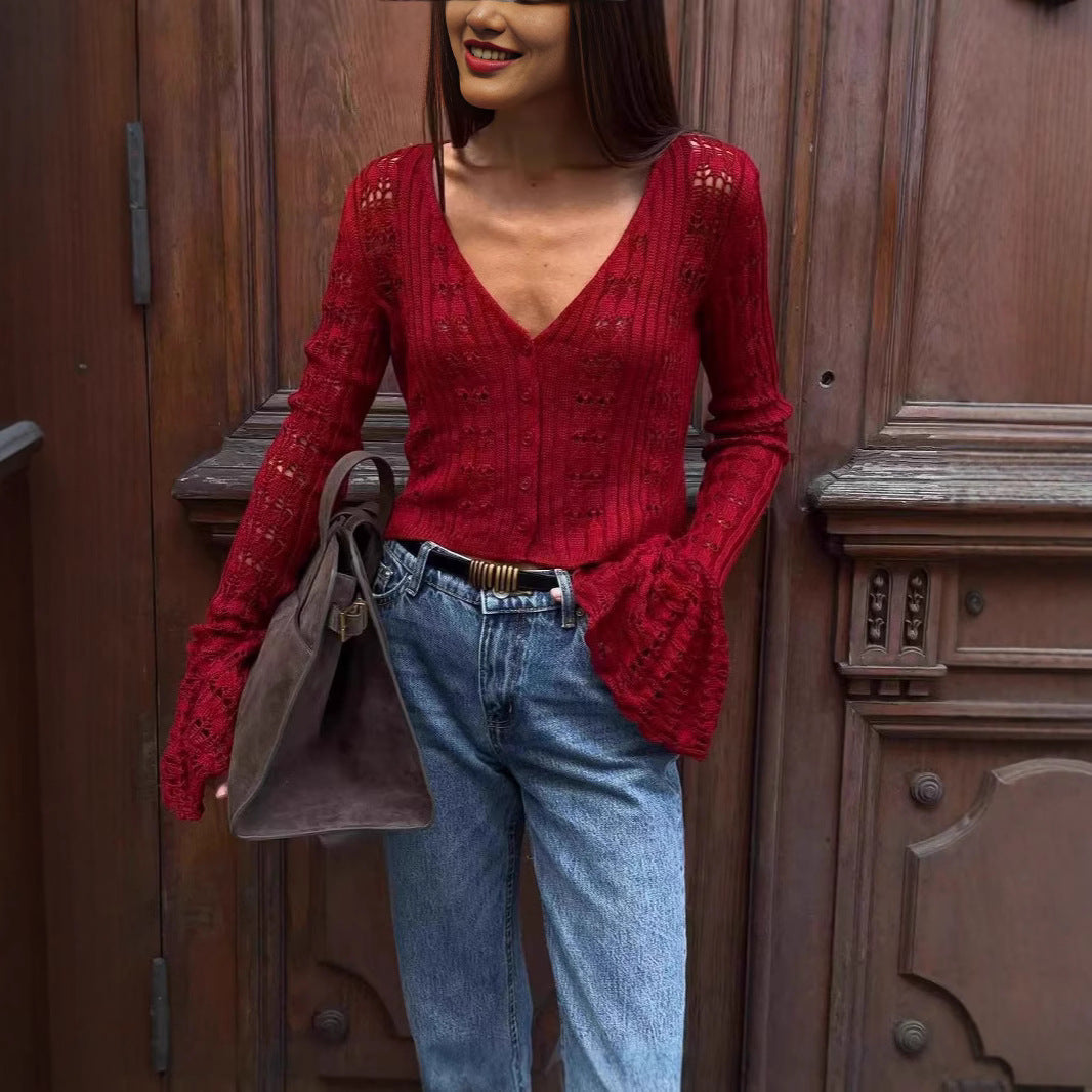 Women's Clothes Sexy Cutout Bell Sleeve Solid Color Short Knitted Top