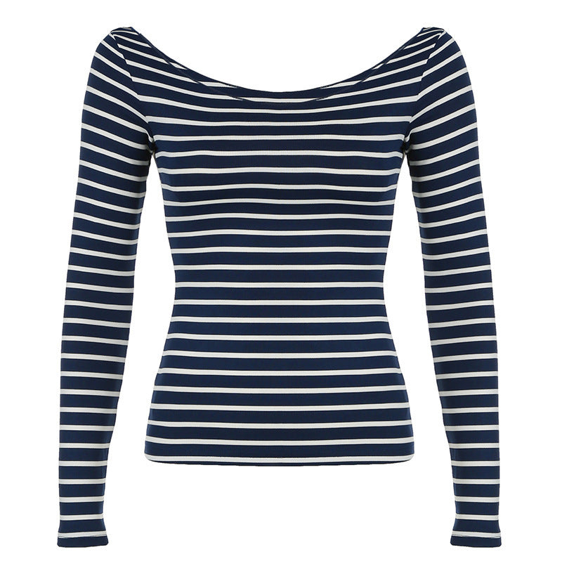 Oblique Shoulder Stripes Lightweight Slim-fit Long Sleeve Casual Top