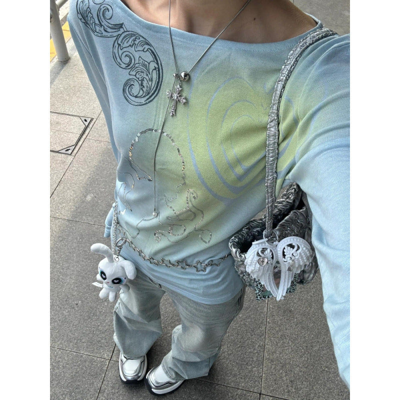 Heart KEWPIE Rhinestone Long Sleeve Slim Fit Slimming Top