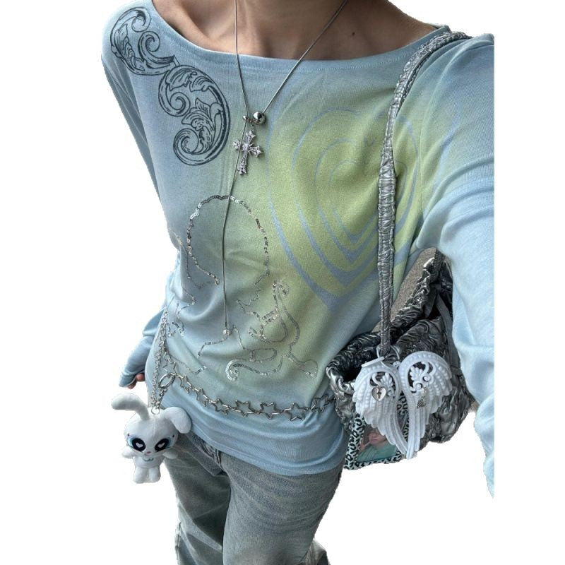 Heart KEWPIE Rhinestone Long Sleeve Slim Fit Slimming Top