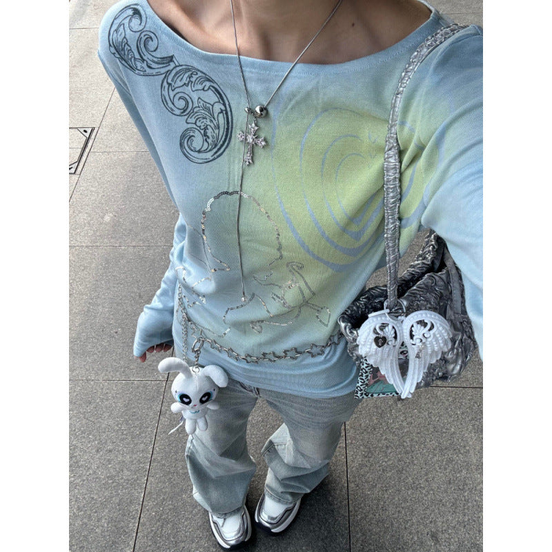 Heart KEWPIE Rhinestone Long Sleeve Slim Fit Slimming Top