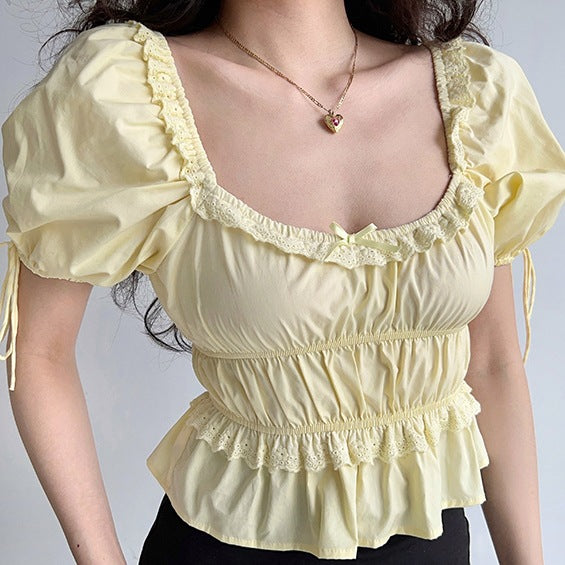Retro Square Collar Puff Sleeve Lace Shirt
