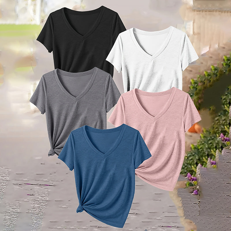 5-Pack Basic V-Neck T-Shirts For Women Summer Soild Color Short Sleeve Everyday Tees