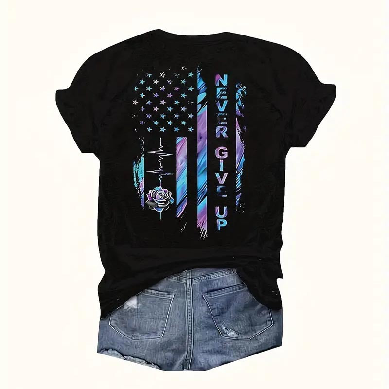 Women's Crew Neck Rose & Letter Print T-Shirt Casual Short Sleeve Summer Top