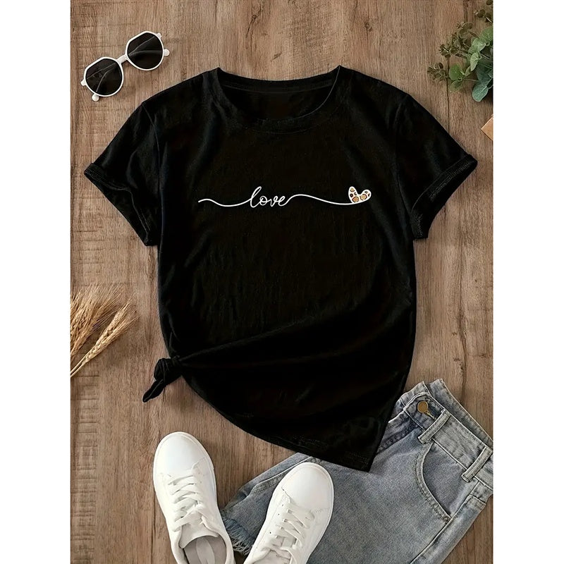 Women's Love Heart Print T Shirts Summer Funny Short Sleeve Tops