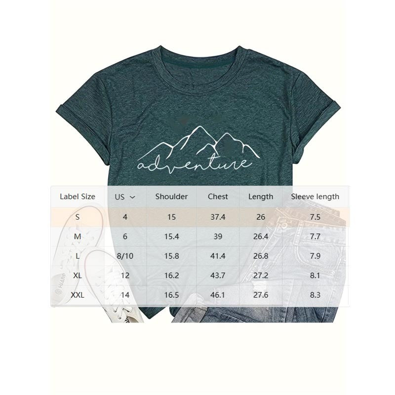 Women's Round Neck Mountain & 'Adventure' Print Casual T-Shirt Short Sleeve Summer Top