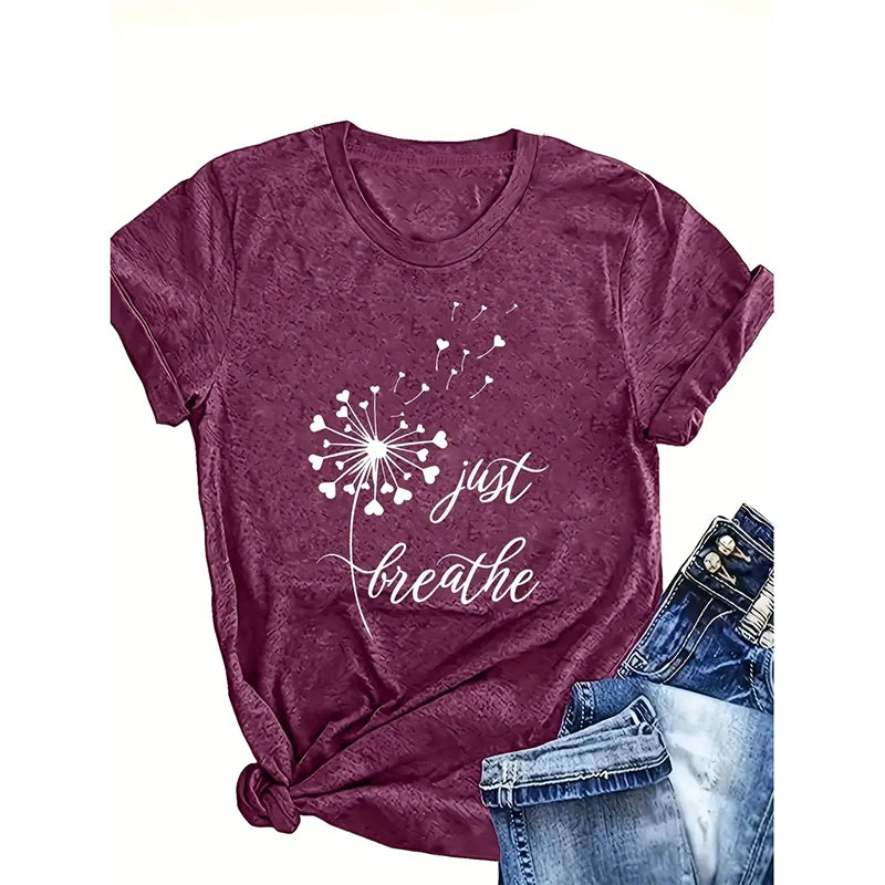 Just Breathe Dandelion T-Shirt For Women Funny Cute V-Neck Shirt Tops