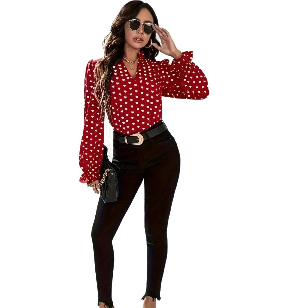 Women's Stand Collar Heart Shape Printed Shirt