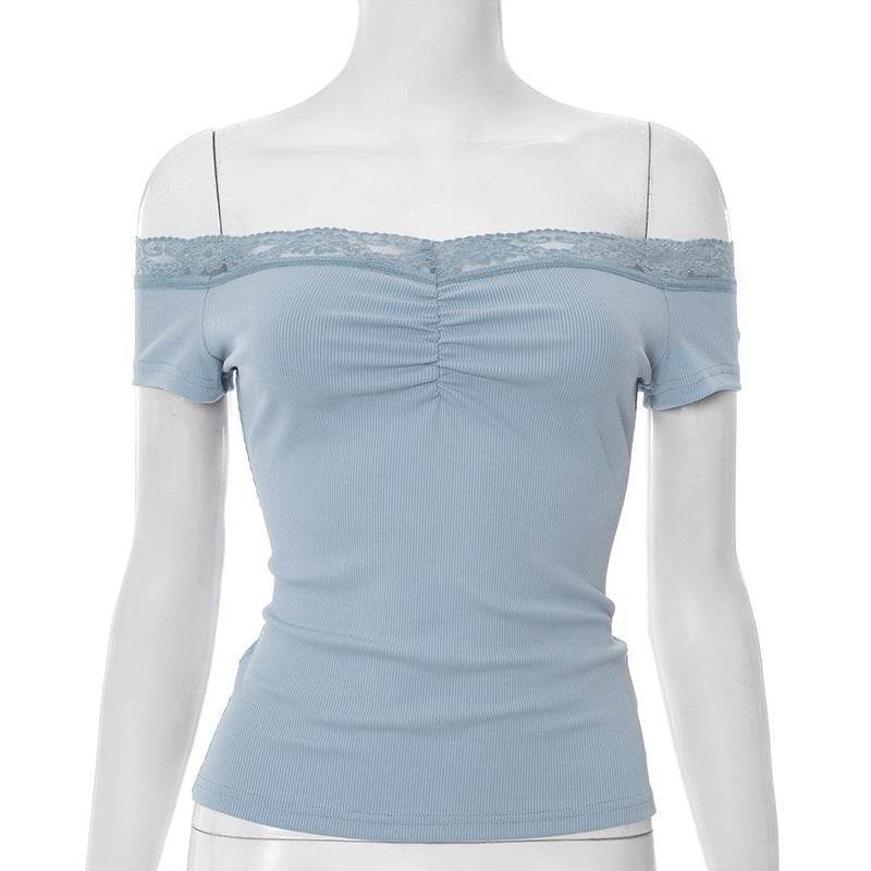 Solid Color Sleeveless Off-neck Lace Top