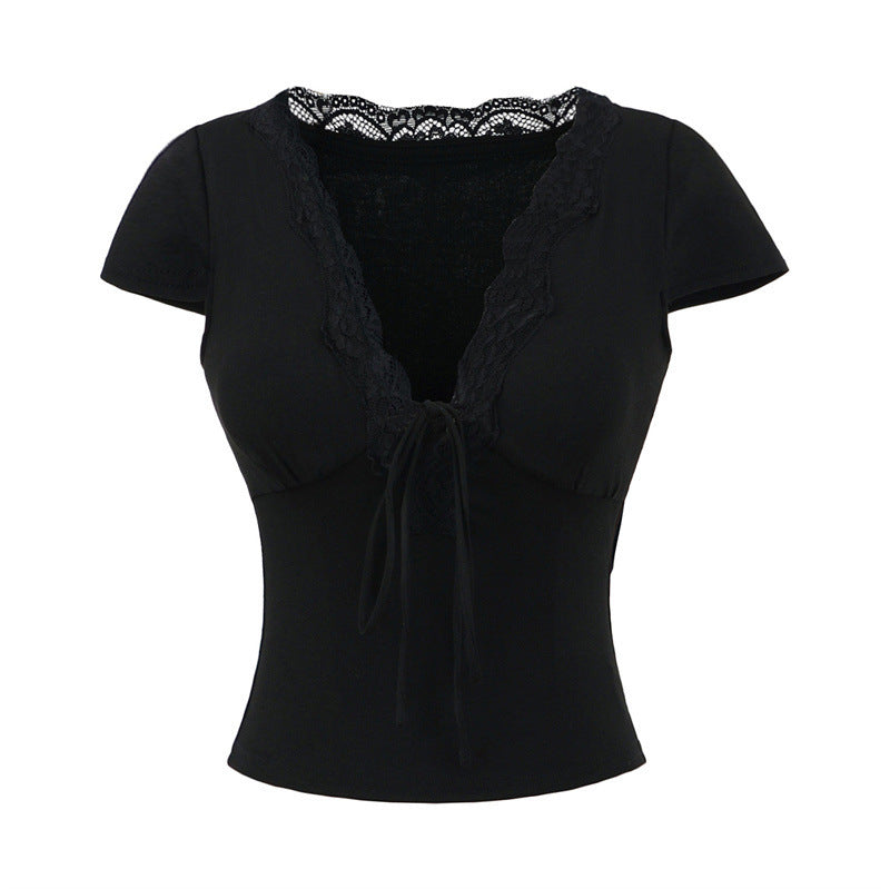 European And American Style Slim Chest Pad Lace V-neck Short Sleeve