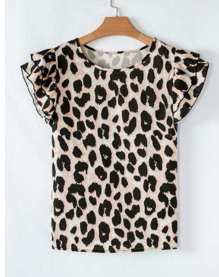 Khaki Leopard Print Layered Ruffled Short Sleeve Blouse