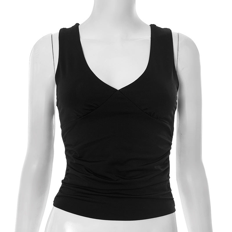 European And American Solid Color And V-neck Pleated Sexy Vest Top For Women