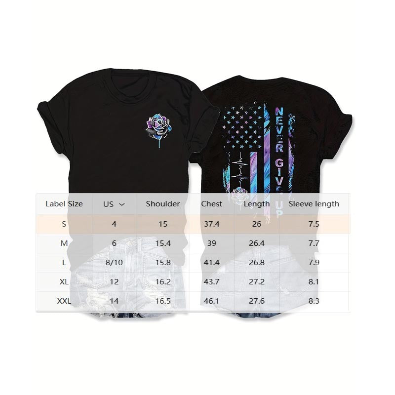 Women's Crew Neck Rose & Letter Print T-Shirt Casual Short Sleeve Summer Top
