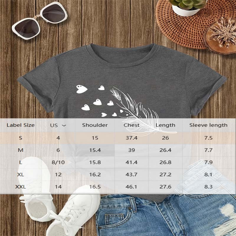 Women's Feather & Heart Print T-Shirt Casual Short Sleeve Crew Neck Summer Top