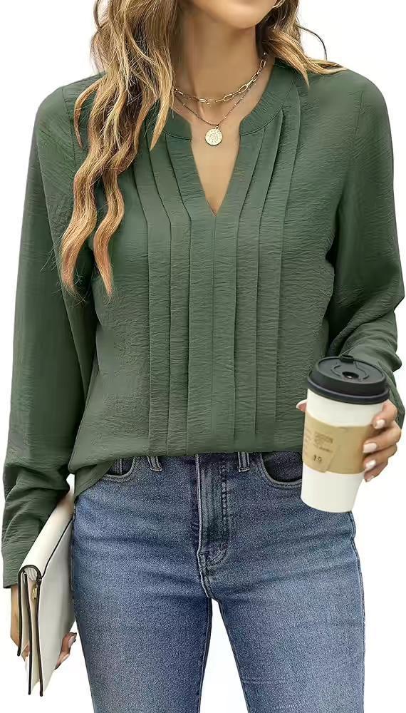 Temperament Commute Long Sleeve Solid Color Sweet Top Women's V-neck Design