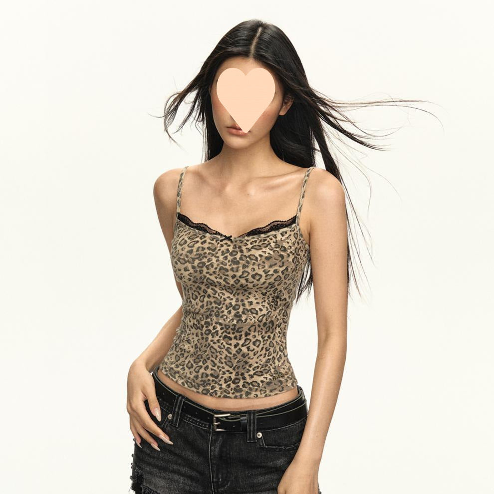 Women's American Vintage Leopard Print Lace Spaghetti-strap Camisole Top