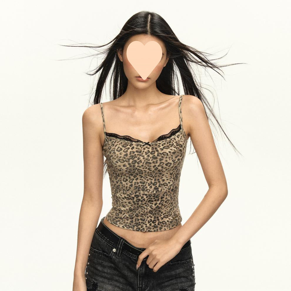 Women's American Vintage Leopard Print Lace Spaghetti-strap Camisole Top