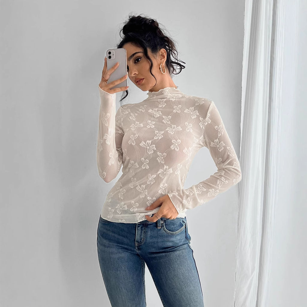 Butterfly Jacquard Mesh Slim Fit Stand-up Collar Long-sleeved